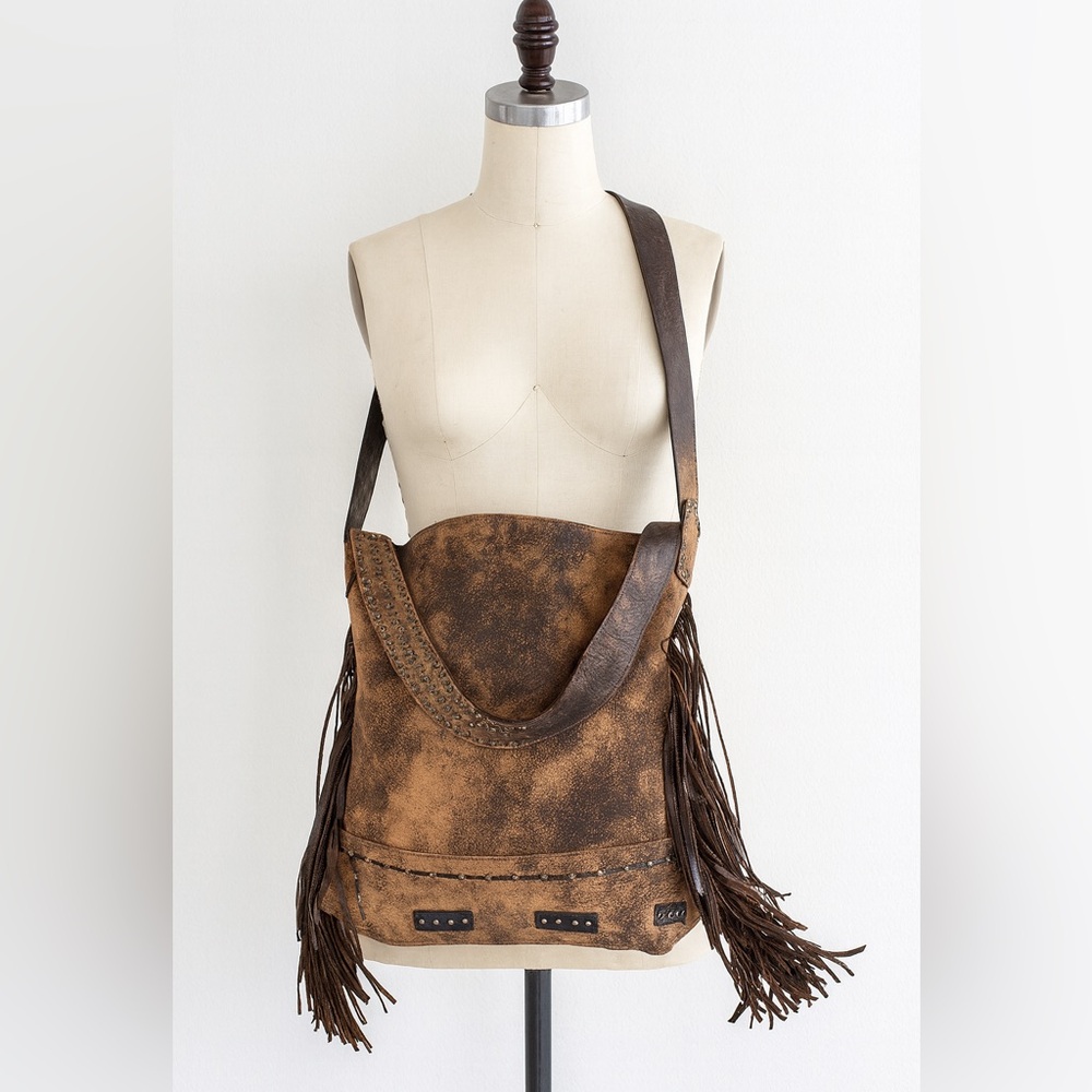 Distressed Brown Fringe Suede Shoulder Bag